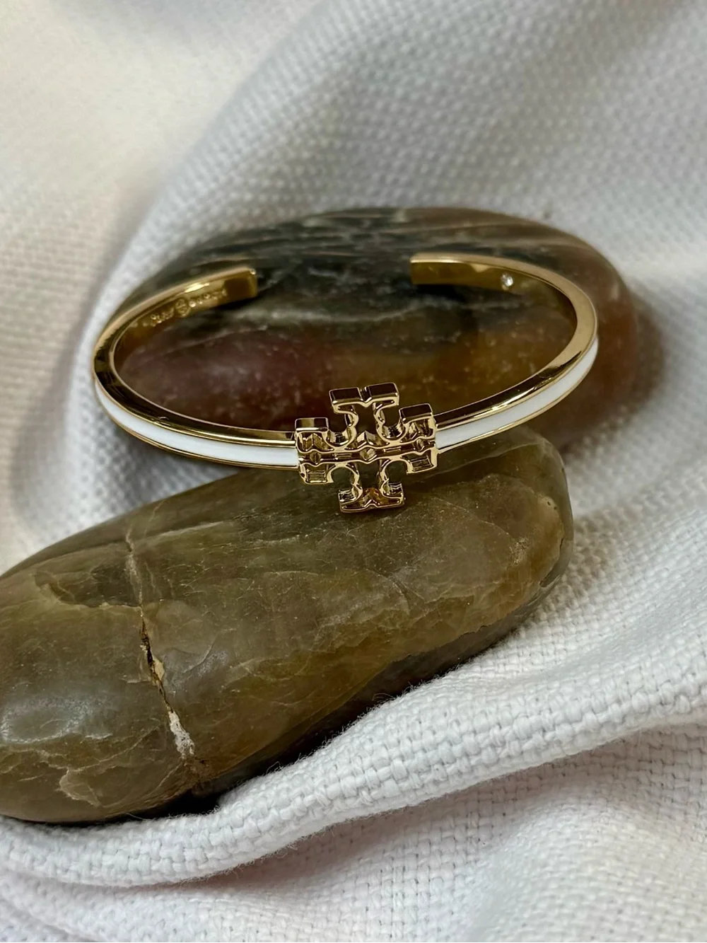 Tory Burch Gold Tone Logo White Enamel Cuff Bracelet